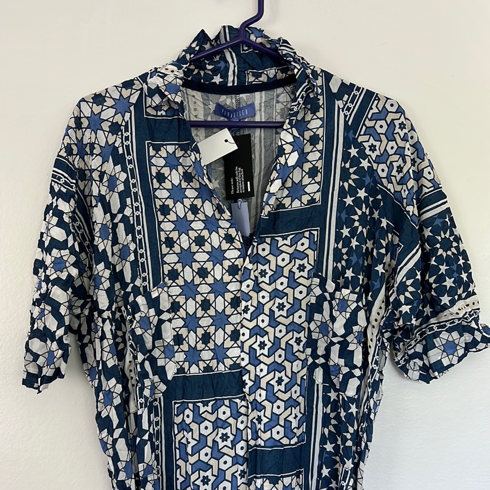 L Paradised Apres Jumpsuit - Navy patchwork tile print - NWT